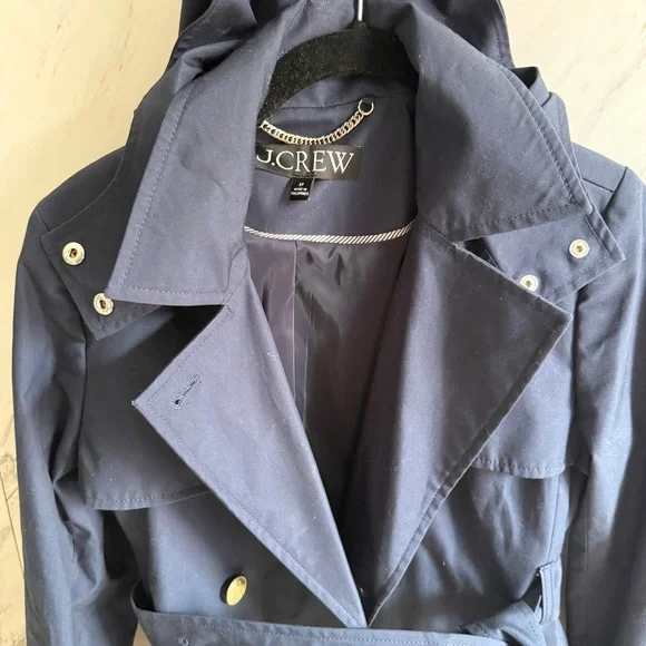 J. Crew Navy Icon Double-Breasted Belted Hooded Cotton Petite Trench Coat SZ 2P - Picture 6 of 13